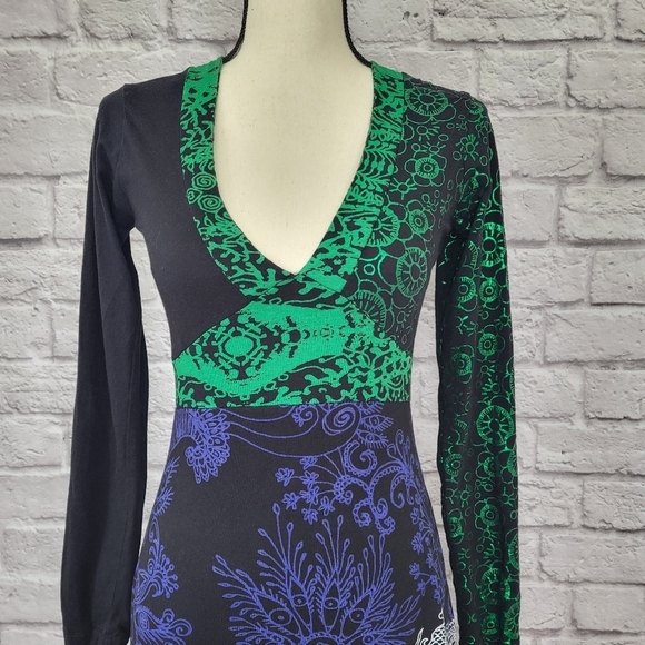 Desigual dress black green blue fit flare long sleeve dragon zebra detail Sz S - Picture 4 of 15